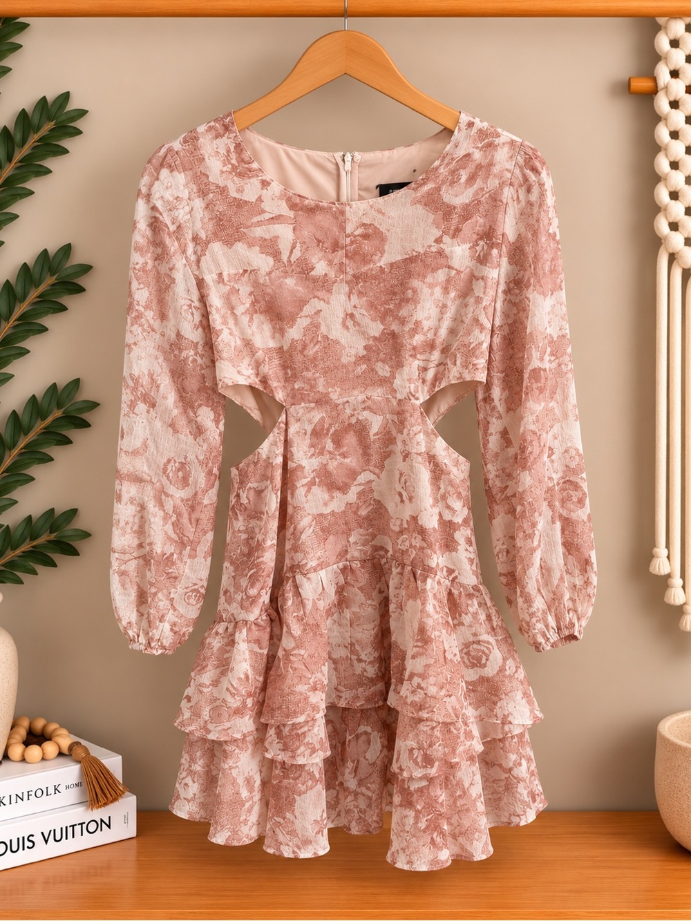 Women's Pink Floral Tiered Ruffle Cutout Dress